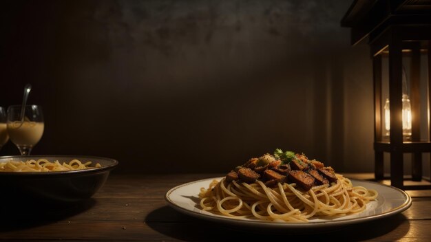 A plate of spaghetti with meat and noodles on a table.