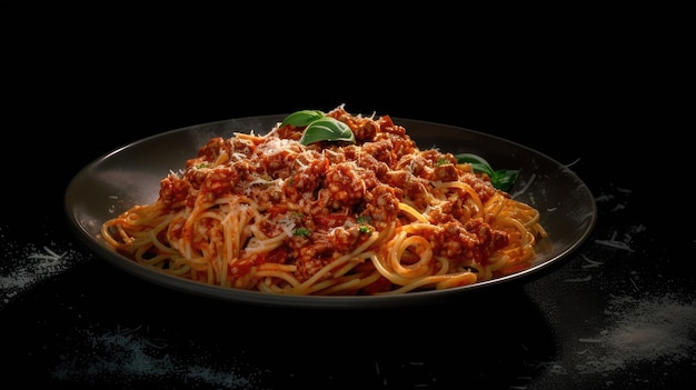 A plate of spaghetti with meat sauce and basil leaves