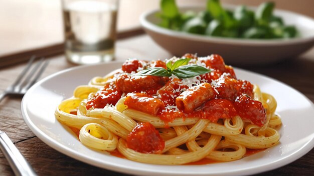 a plate of spaghetti with meat and sauce on it