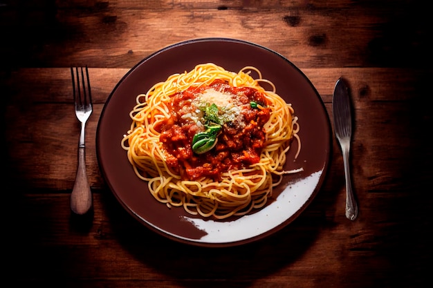 A plate of spaghetti with meat sauce and parmesan cheese on top of a wooden table