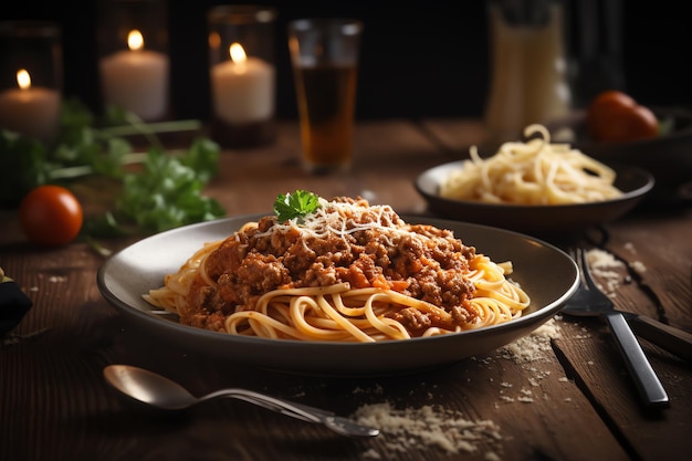 A plate of spaghetti with meat sauce and spaghetti on a table with a lit candle behind it.