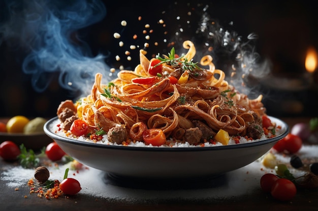 Photo a plate of spaghetti with meat and vegetables on it