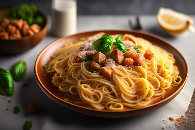 A plate of spaghetti with meat and vegetables on it