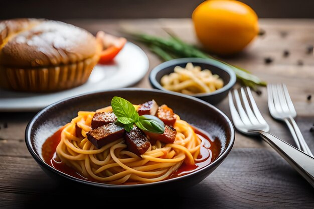 A plate of spaghetti with meat and vegetables on a table