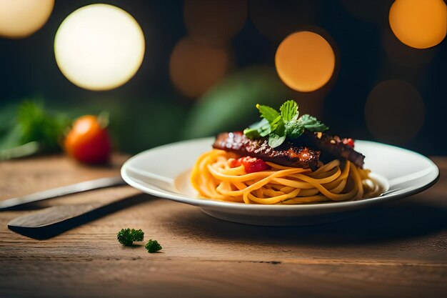 a plate of spaghetti with meat and vegetables on a wooden table.