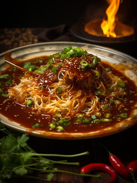 Foto un piatto di spaghetti con carne e verdure