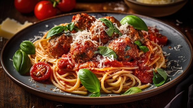 A plate of spaghetti with meatballs and basil on it