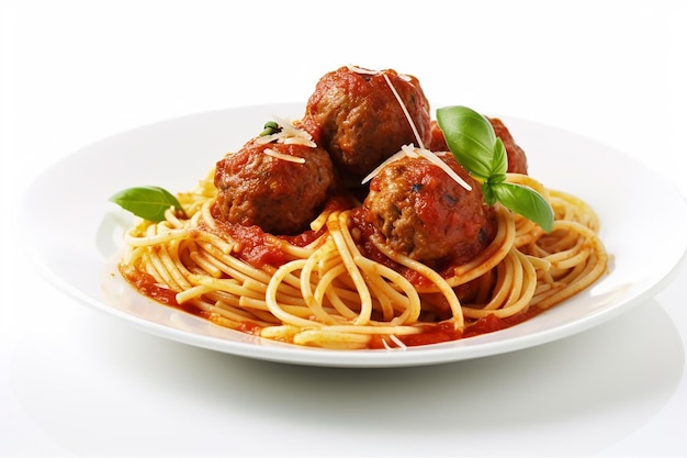 A plate of spaghetti with meatballs and basil leaves