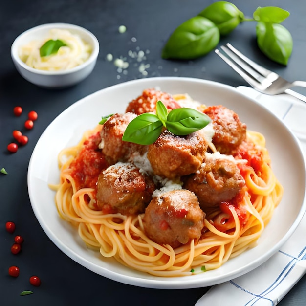 A plate of spaghetti with meatballs and sauce on top