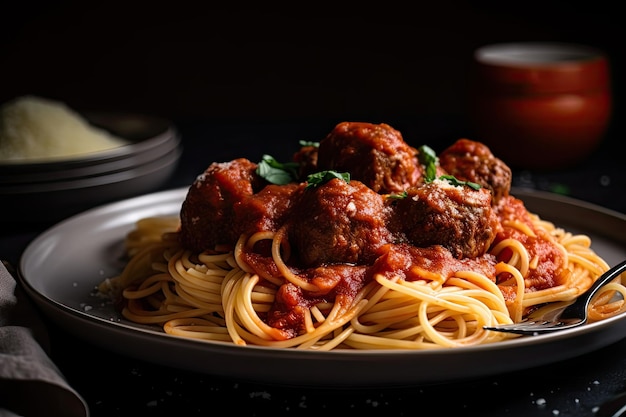 Plate of spaghetti with meatballs sauce