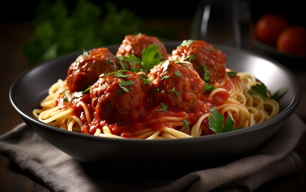 Foto un piatto di spaghetti con polpette e salsa di pomodoro ia generativa