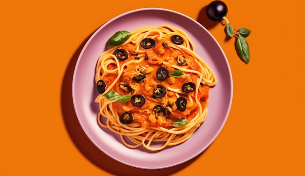 Тарелка спагетти с оливками и оливками на нем