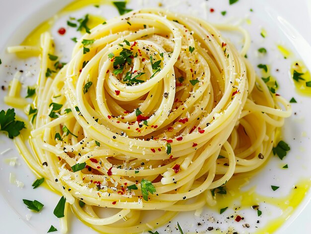 A plate of spaghetti with parsley and herbs