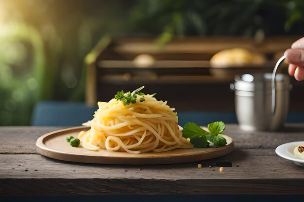 Photo a plate of spaghetti with parsley on it