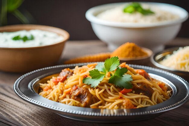 A plate of spaghetti with parsley and parsley on a table.