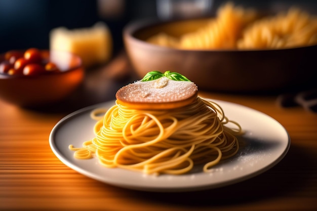 A plate of spaghetti with a piece of meat on top