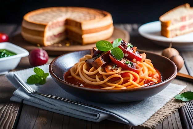 A plate of spaghetti with a plate of food on it