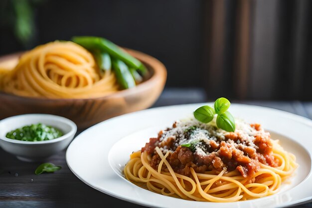 A plate of spaghetti with a plate of pasta and vegetables