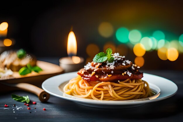 a plate of spaghetti with a plate of spaghetti and sauce on it