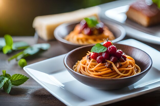 a plate of spaghetti with raspberries and cranberries on it