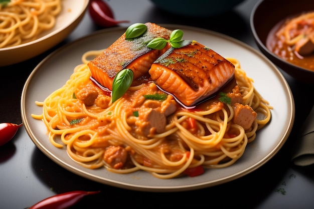 A plate of spaghetti with salmon on it
