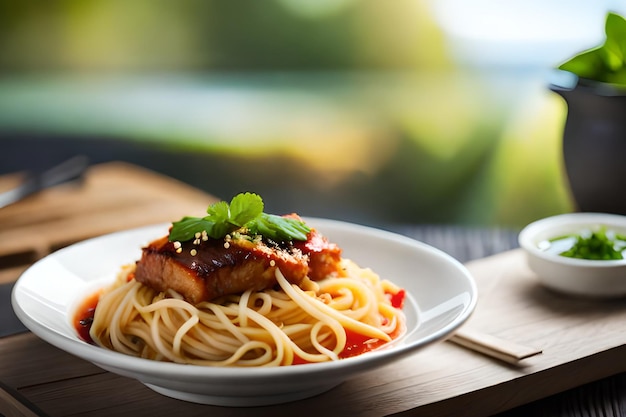 A plate of spaghetti with a sauce and sesame seeds on top