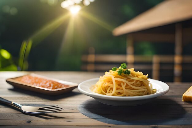 Photo a plate of spaghetti with a sauce on the side.