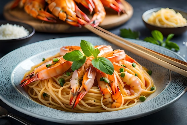 A plate of spaghetti with shrimps and parsley