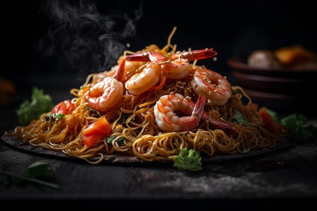 A plate of spaghetti with shrimps and a smokey background.