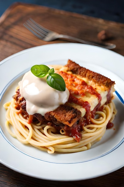 A plate of spaghetti with a slice of spaghetti and a sauce on top