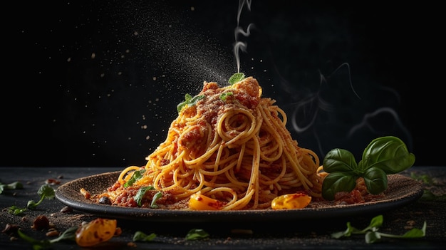 A plate of spaghetti with a smoke coming out of it.