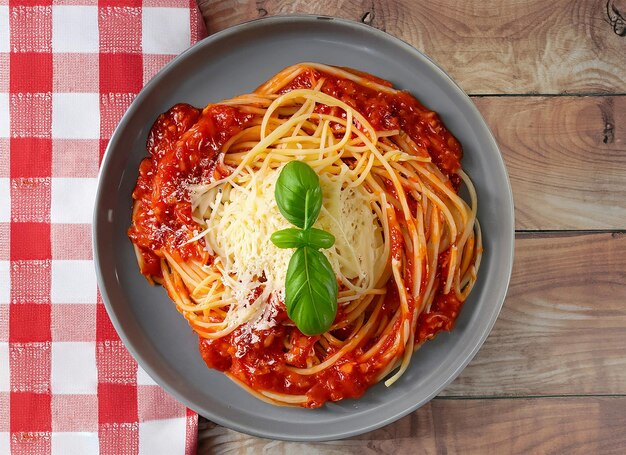 Foto un piatto di spaghetti con sopra un rametto di basilico.