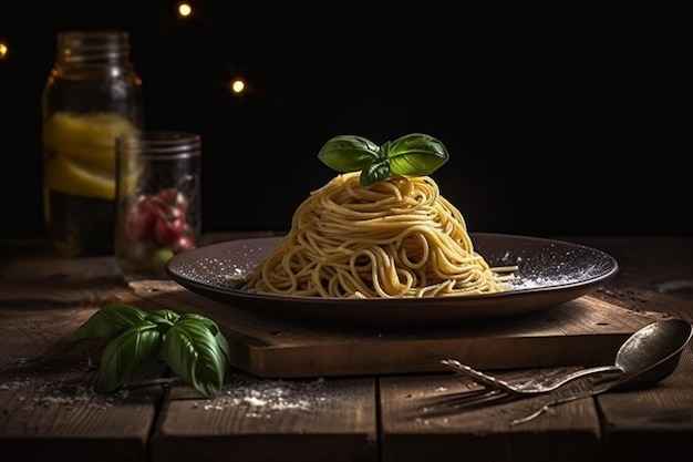 A plate of spaghetti with a sprig of basil on top