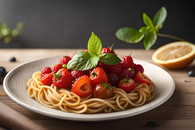 Тарелка спагетти с клубникой и базиликом