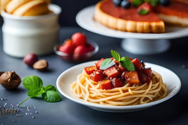 a plate of spaghetti with strawberries and mint on it