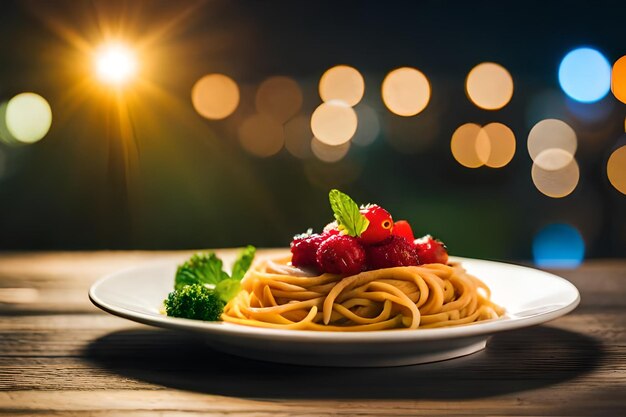 a plate of spaghetti with strawberries and mint on it