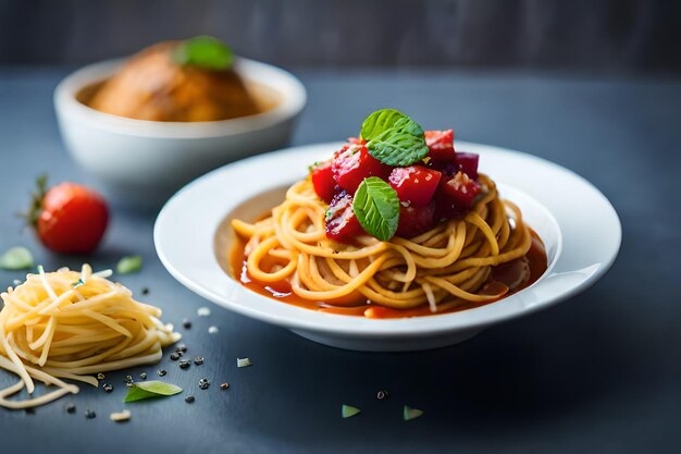 a plate of spaghetti with strawberries and mint leaves.