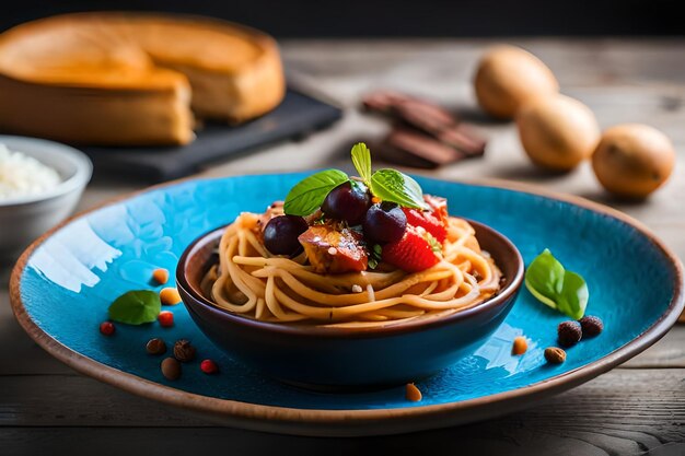 A plate of spaghetti with strawberries and a plate of bread