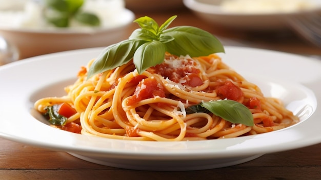 A plate of spaghetti with tomato sauce and basil leaves