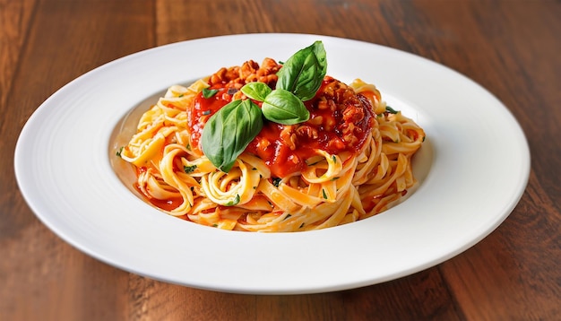 A plate of spaghetti with tomato sauce and basil leaves