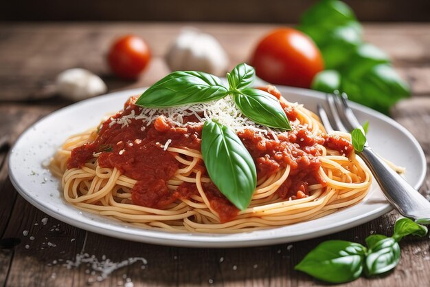 a plate of spaghetti with tomato sauce and basil on a wooden table.