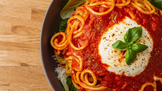 Foto un piatto di spaghetti con salsa di pomodoro e basilico