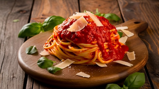 Foto un piatto di spaghetti con salsa di pomodoro e basilico