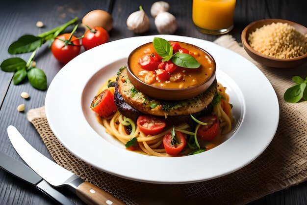 Тарелка спагетти с томатным соусом и миска томатного соуса.