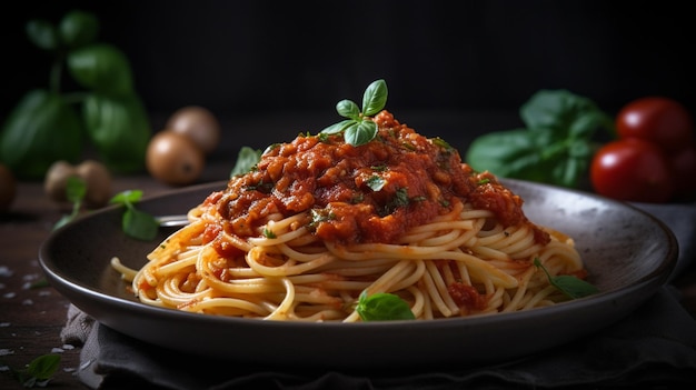Тарелка спагетти с томатным соусом на ней