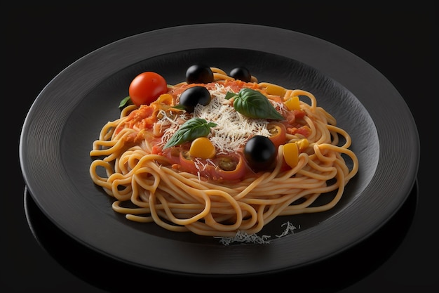 A plate of spaghetti with tomato sauce and olives on it