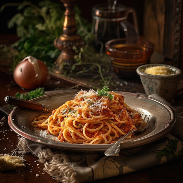 Photo a plate of spaghetti with tomato sauce and parmesan cheese.