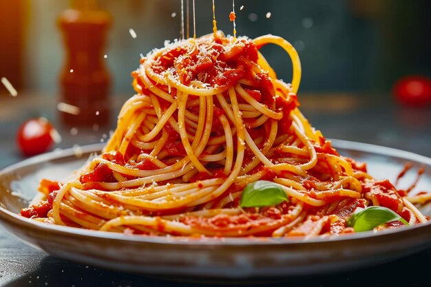 Foto un piatto di spaghetti con salsa di pomodoro e parmesan