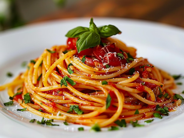 Photo a plate of spaghetti with tomato sauce and parsley