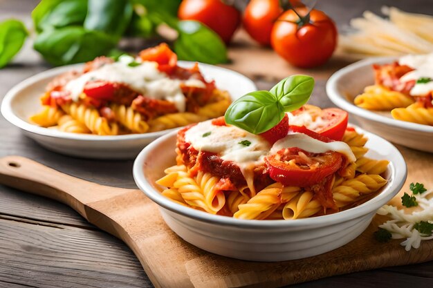 тарелка спагетти с томатным соусом и помидорами на деревянном столе